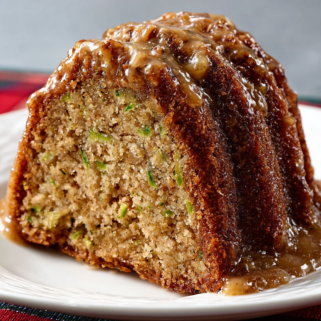 A cake with caramel sauce on top.