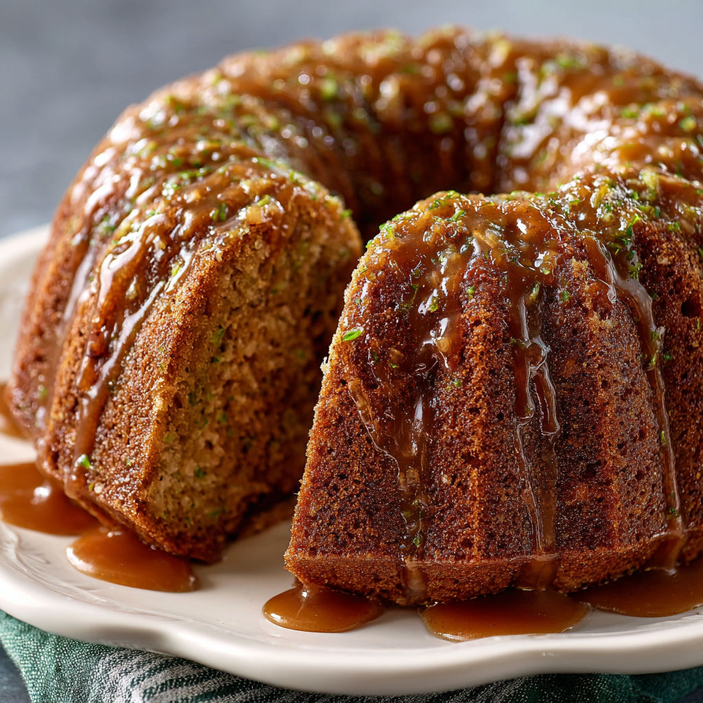 A cake with caramel sauce on a plate.
