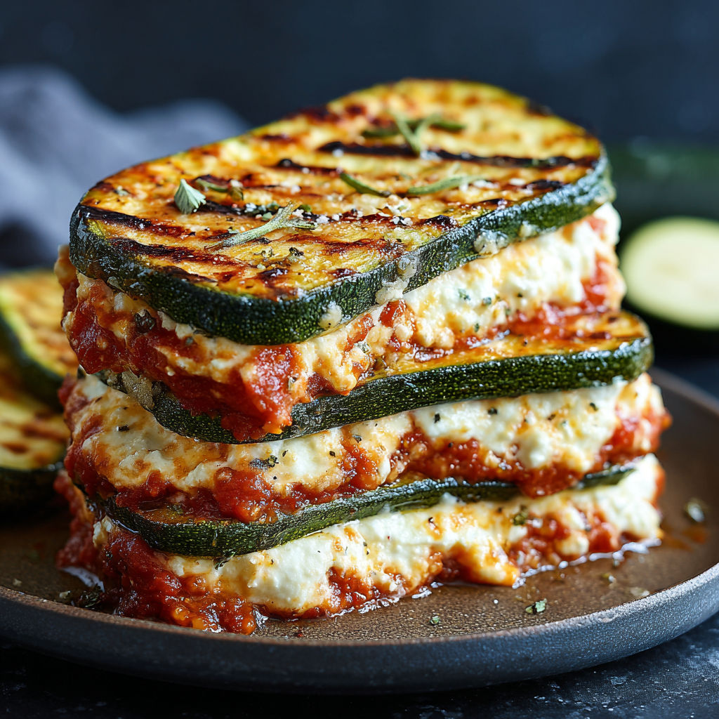 A stack of zucchini with cheese and tomato sauce.