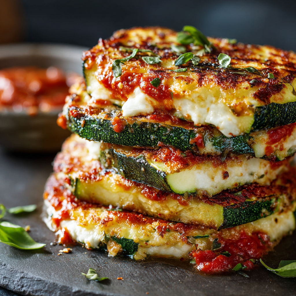 A stack of zucchini with marinara sauce.
