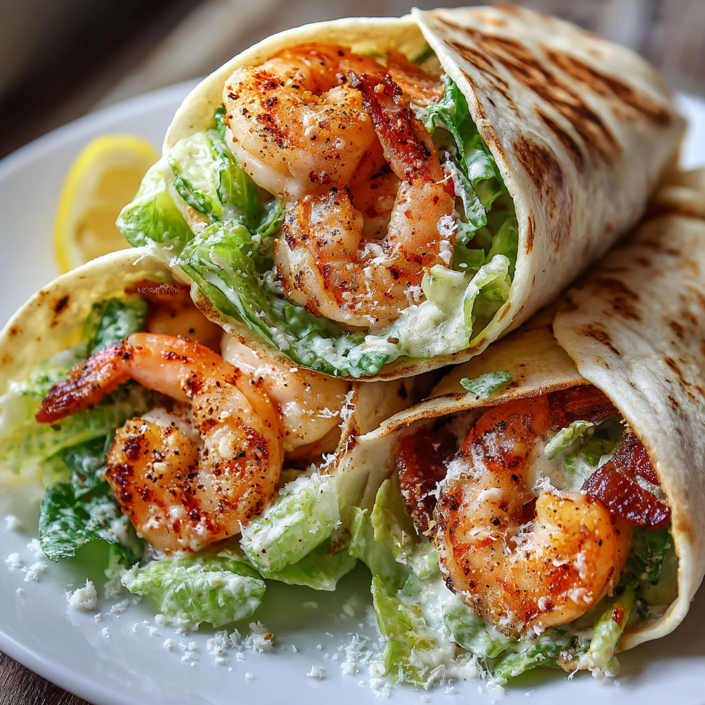 Two grilled shrimp Caesar wraps on a plate.