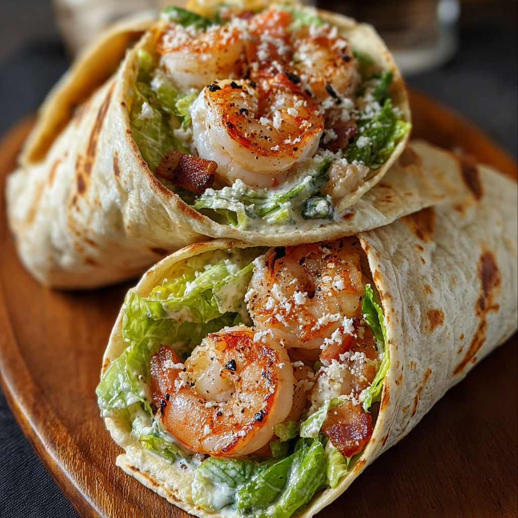 A shrimp and lettuce wrap with bacon.