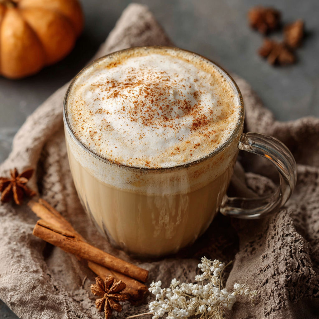 A cup of pumpkin spice milk with a spoon in it.
