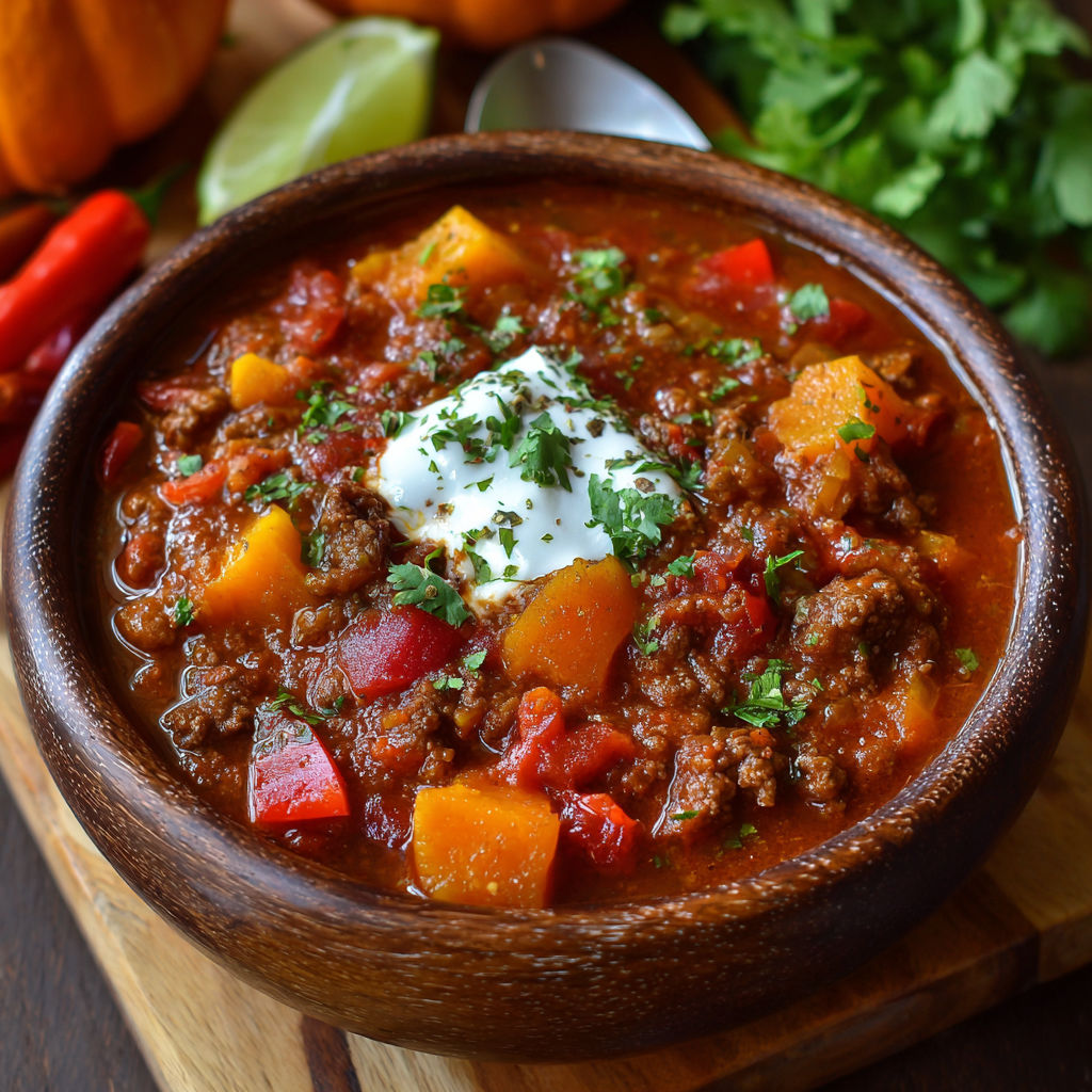 A bowl of chili with a dollop of sour cream on top.