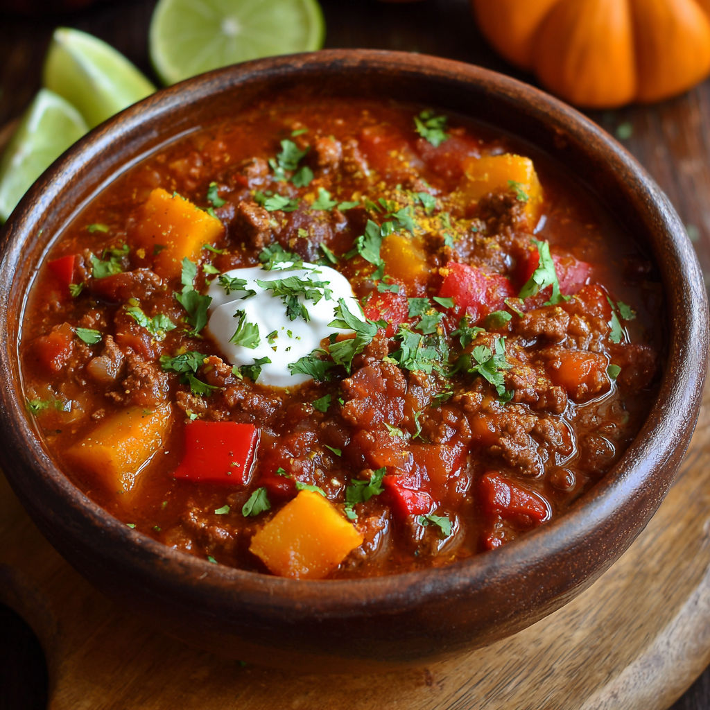 A bowl of chili with a dollop of sour cream on top.