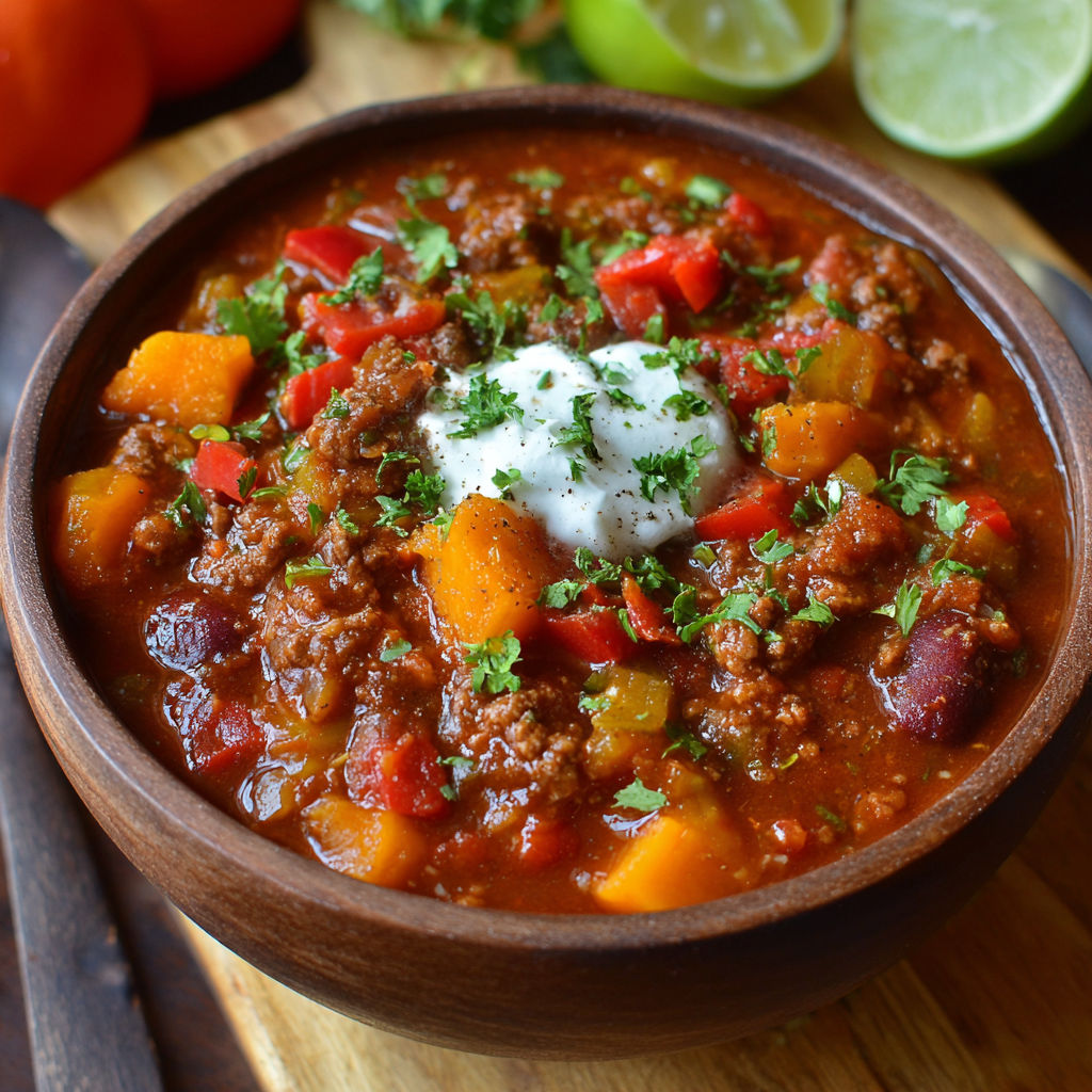 A bowl of chili with pumpkin and lime.