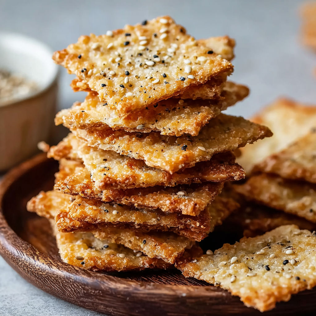A stack of crispy keto almond flour crackers.