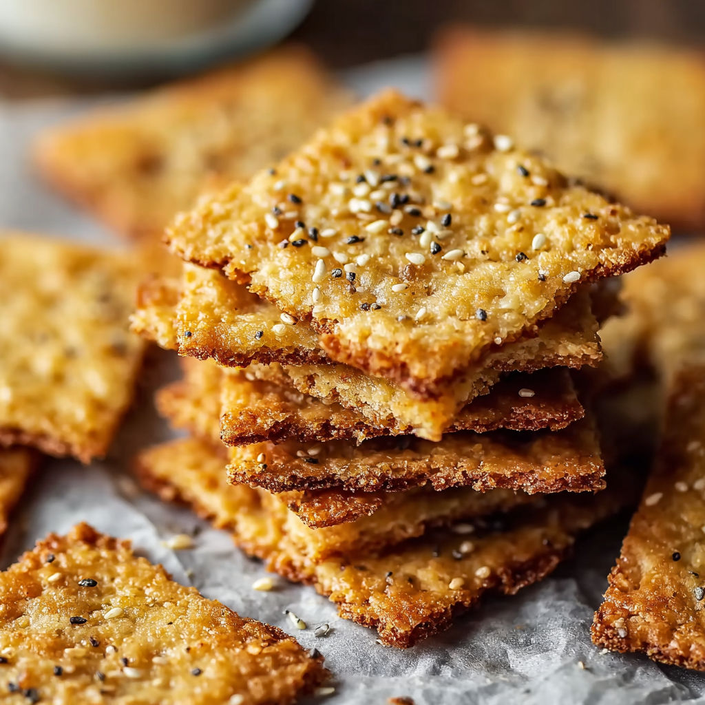 A stack of crispy, toasted crackers with sesame seeds on top.