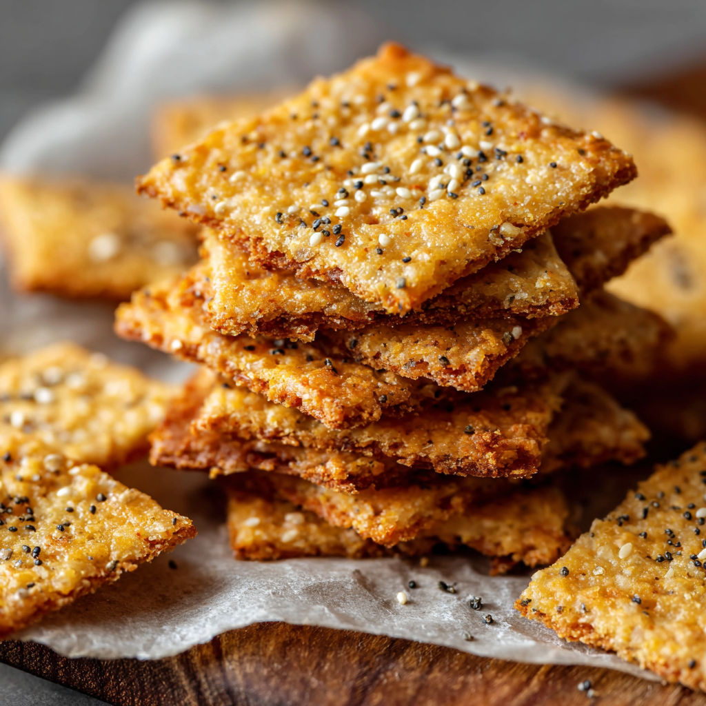 A stack of crackers with sesame seeds on top.