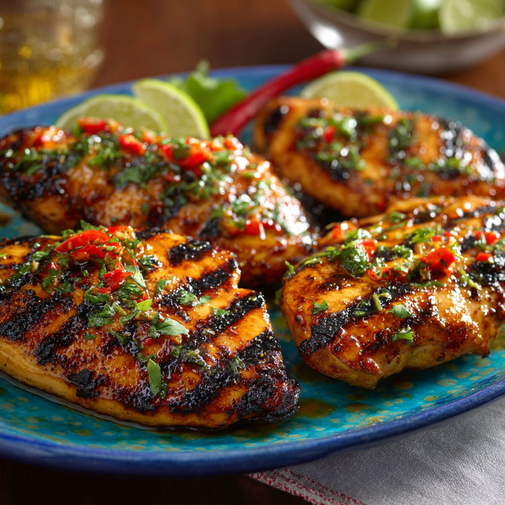 A plate of grilled chicken with lime wedges on the side.