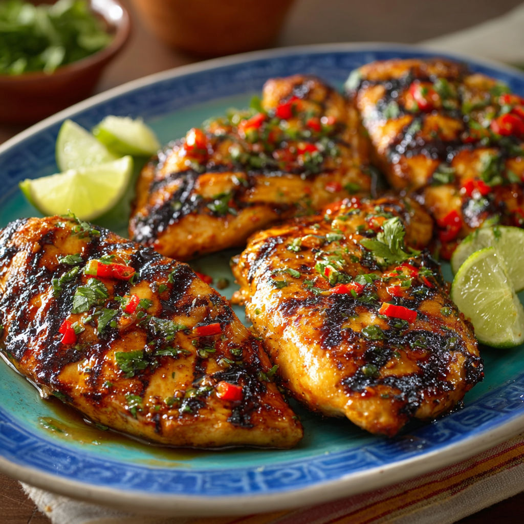 A plate of chicken with lime wedges and peppers.