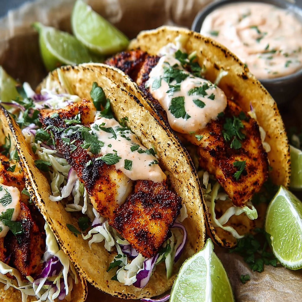 Blackened fish tacos with chipotle-lime sauce.
