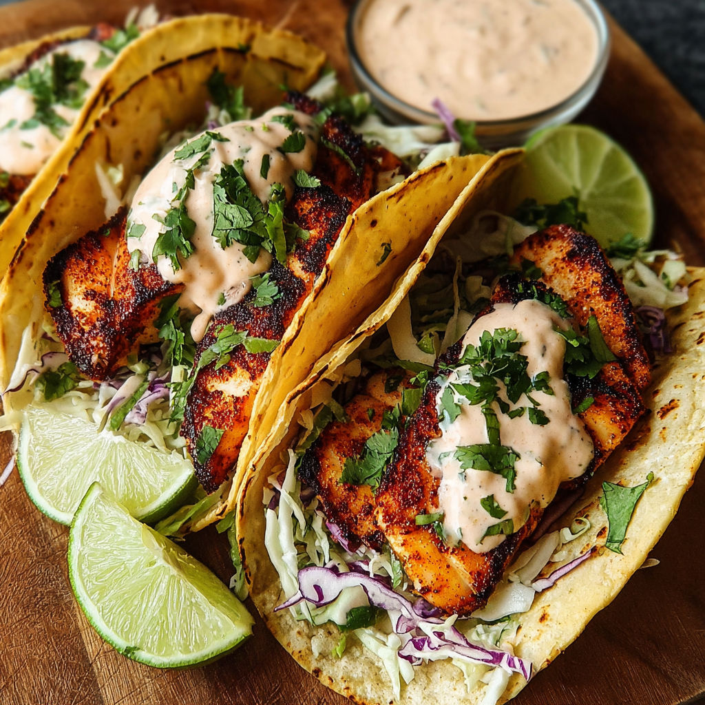 A plate of blackened fish tacos with chipotle-lime sauce.