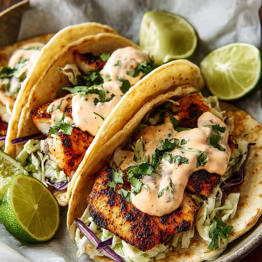 A plate of blackened fish tacos with chipotle-lime sauce.