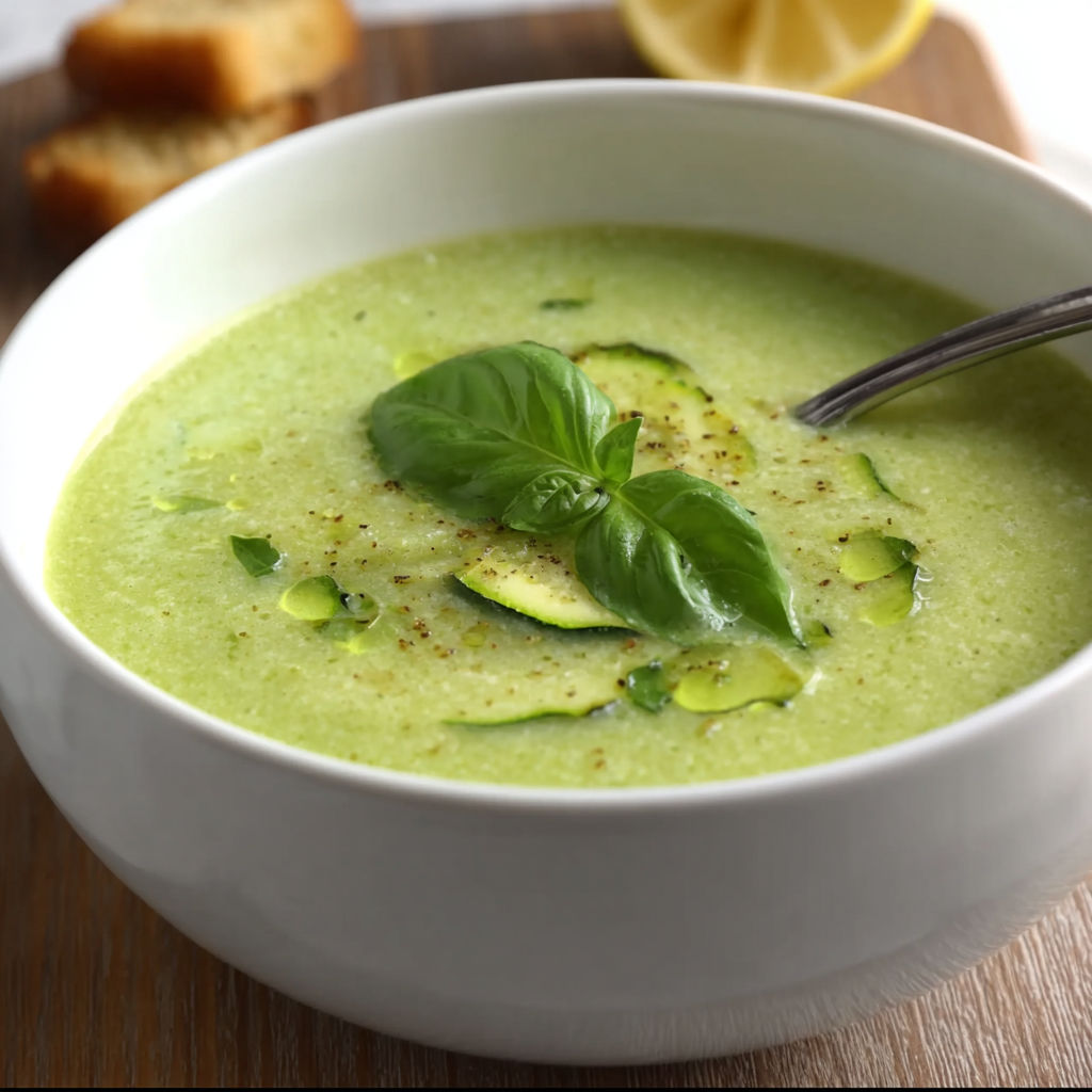 A bowl of soup with zucchini and basil.
