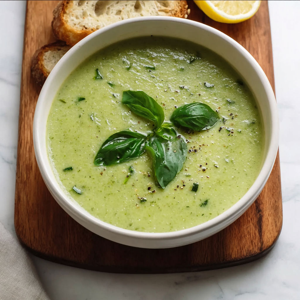 A bowl of soup with a green vegetable in it.