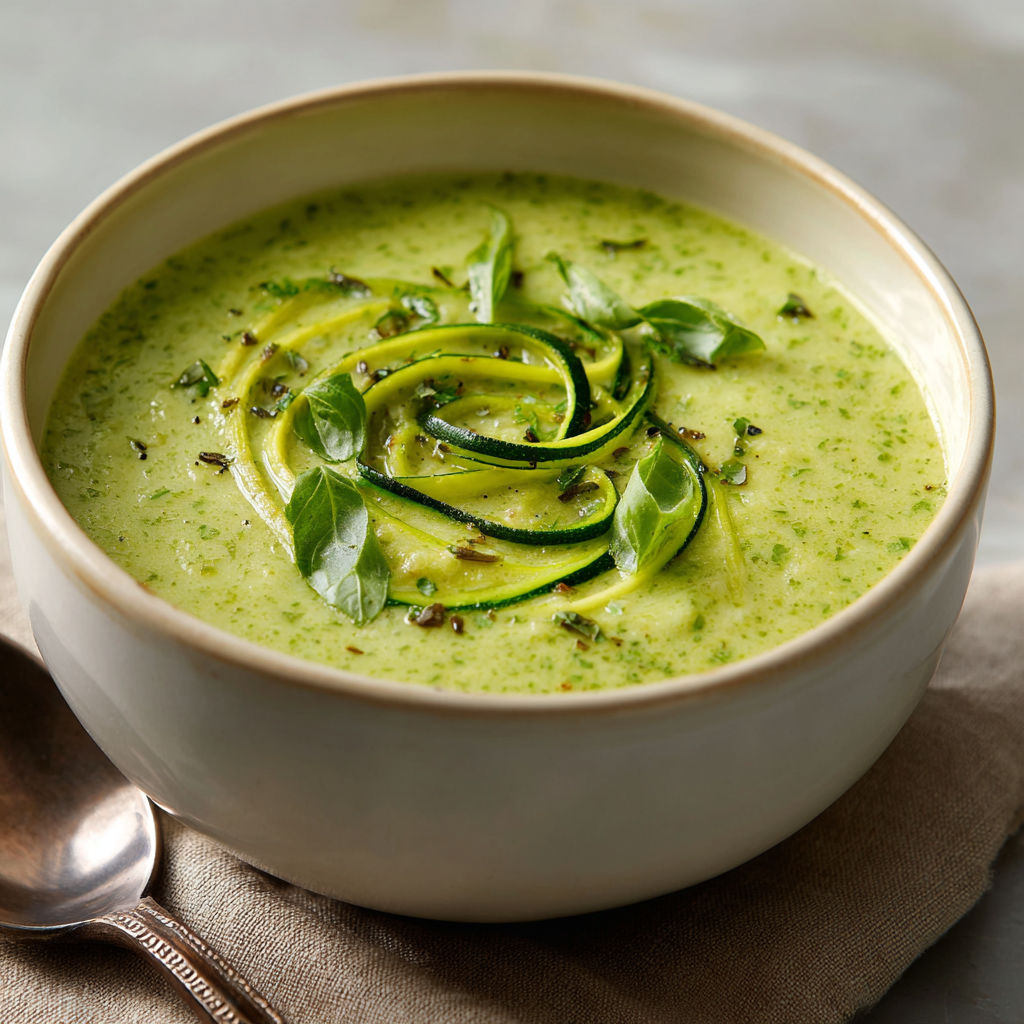 A bowl of soup with a spoon in it.