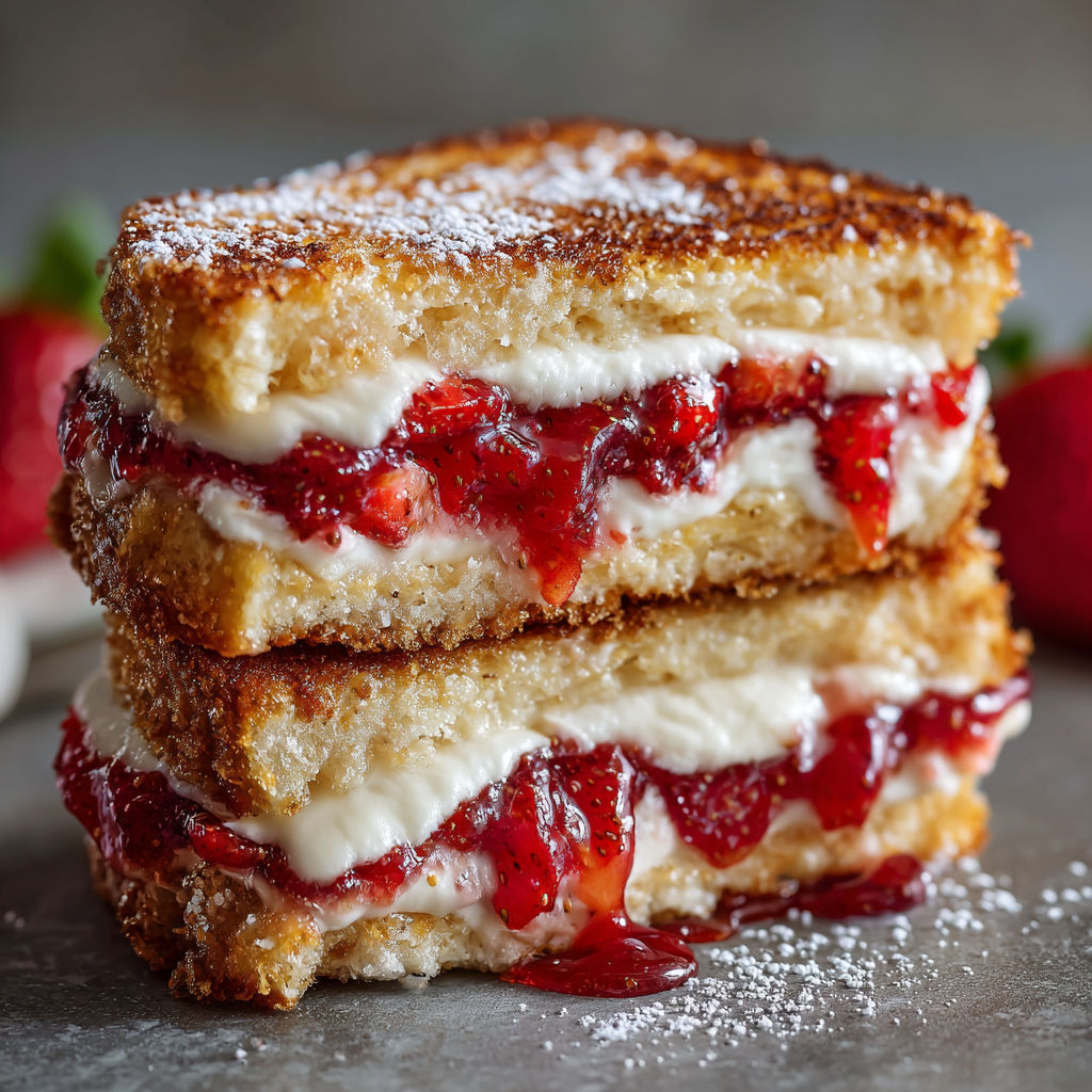 A close up of a fried strawberry cheesecake sandwich.