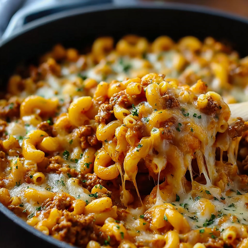 A close up of a delicious one pot chili mac and cheese.
