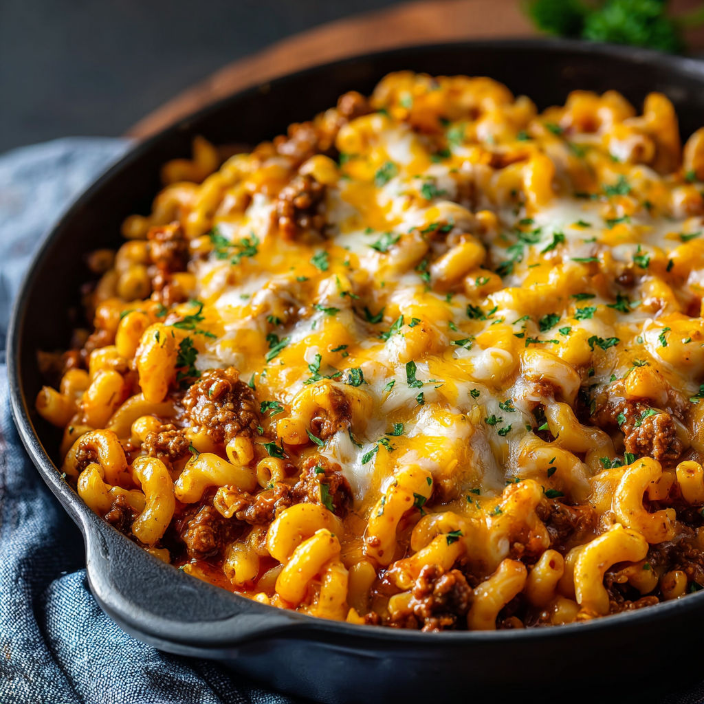 A bowl of macaroni and cheese with meat on top.