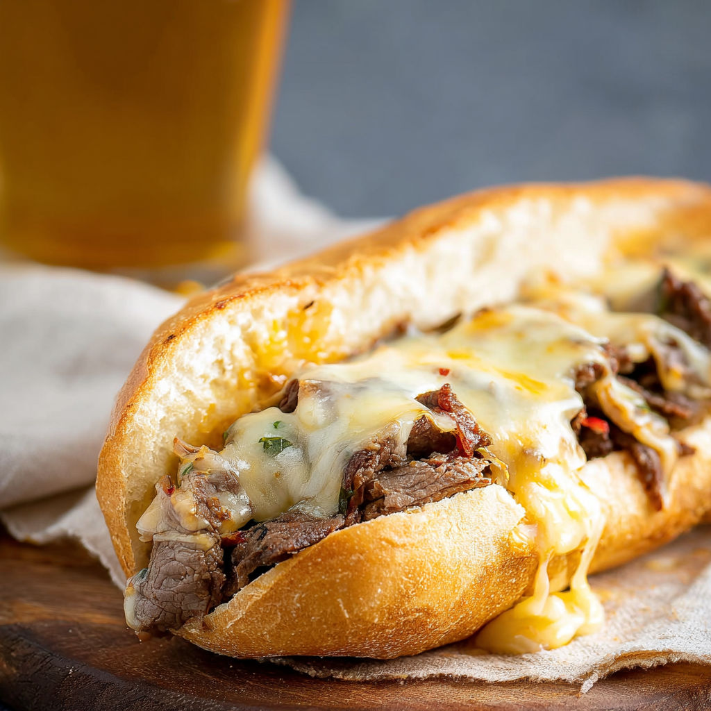 A close up of a cheesesteak sandwich.