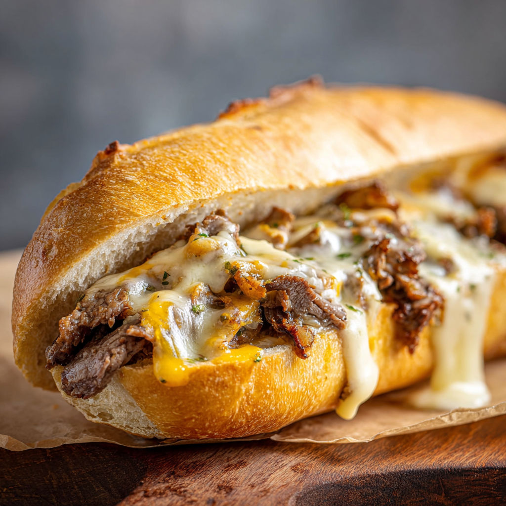 A sandwich with meat and cheese on a bun.