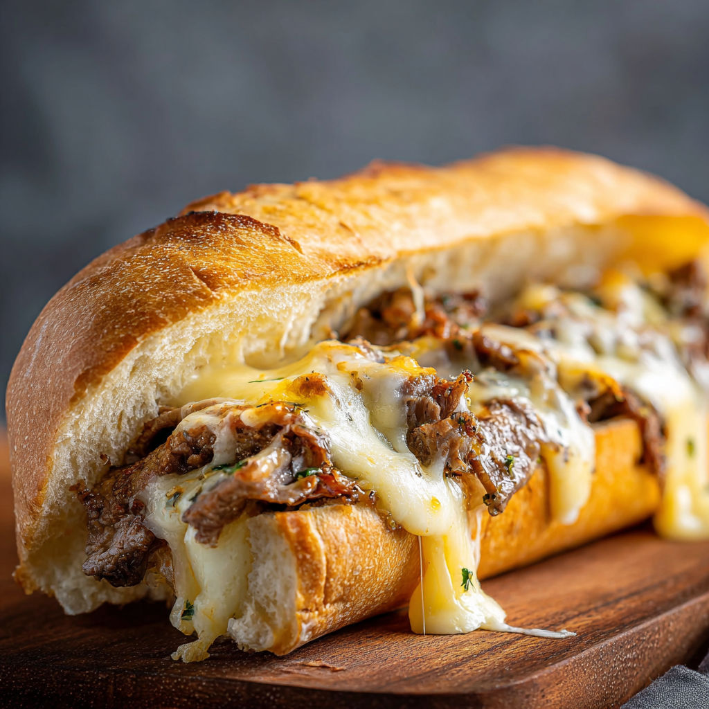 A sandwich with meat and cheese on a wooden table.