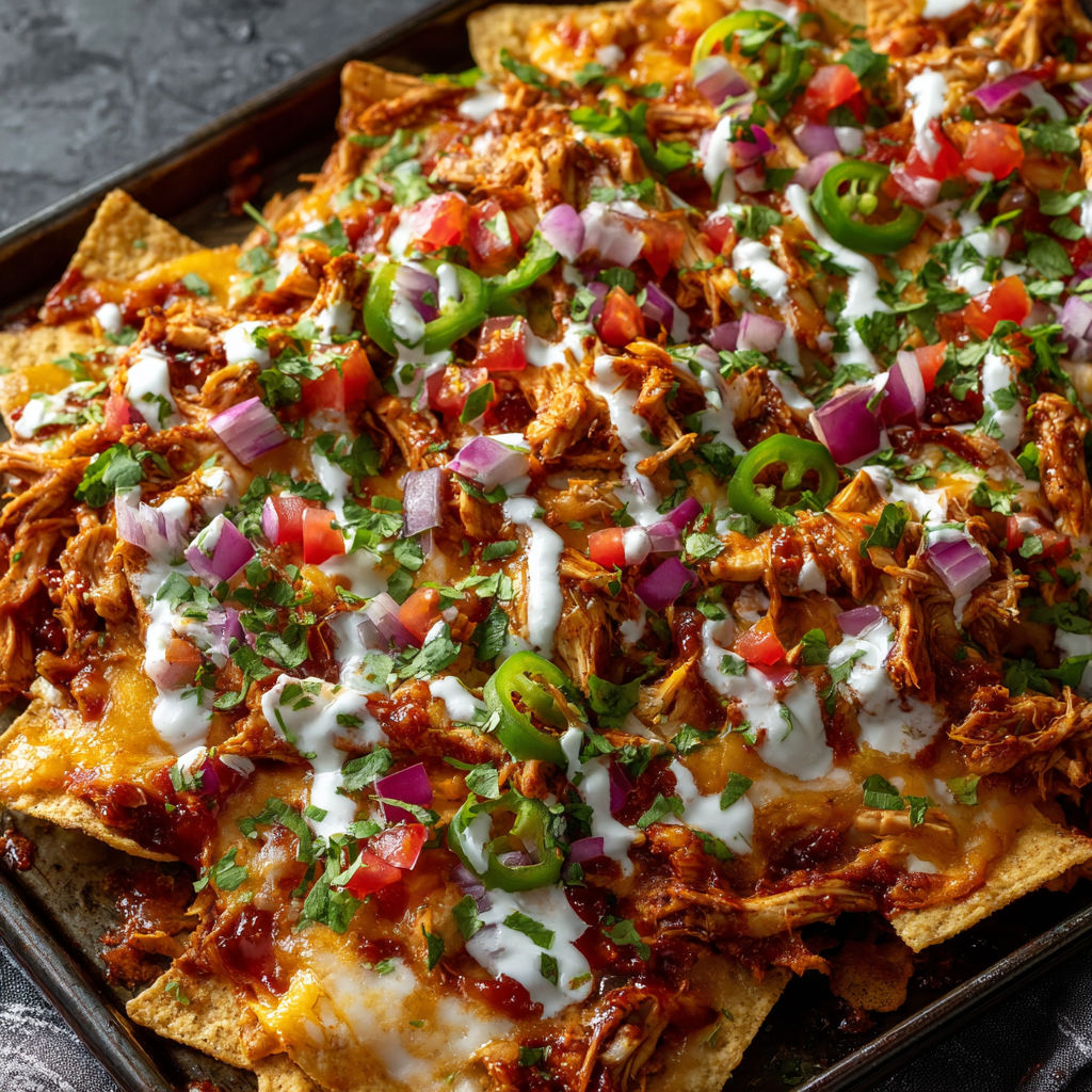 A pan of BBQ chicken nachos.
