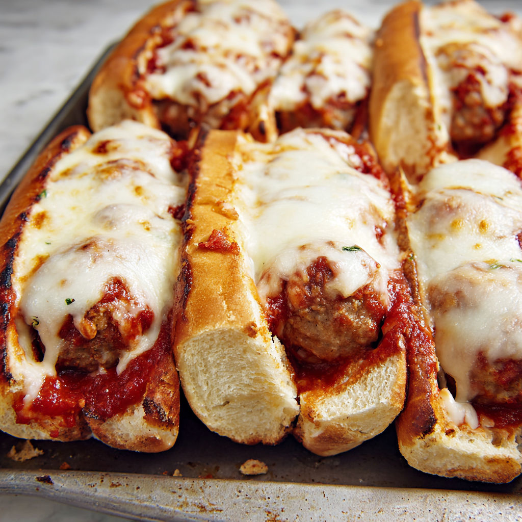 A tray of sandwiches with meatballs and marinara sauce.