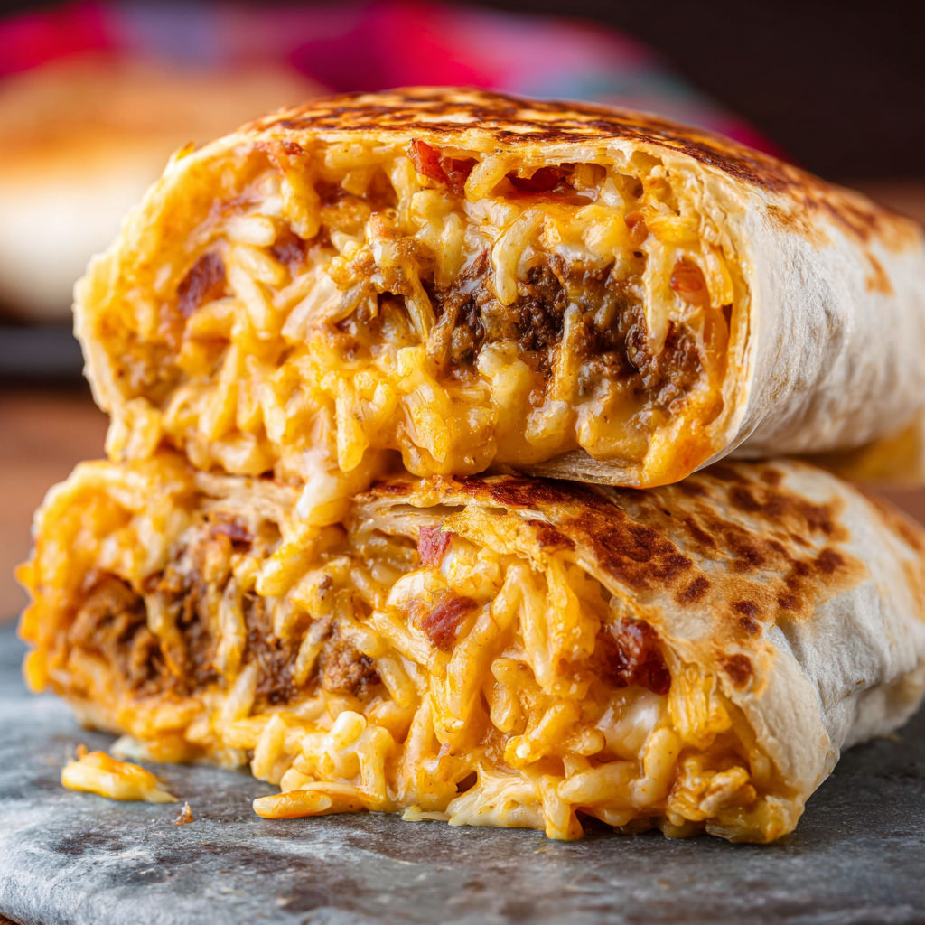 A burrito with cheese and bacon.