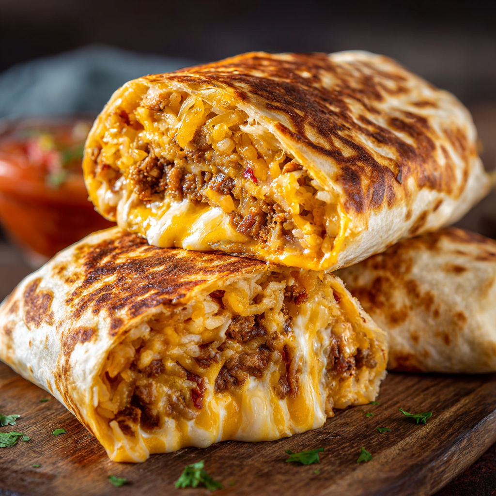 A burrito with cheese and meat on a wooden table.