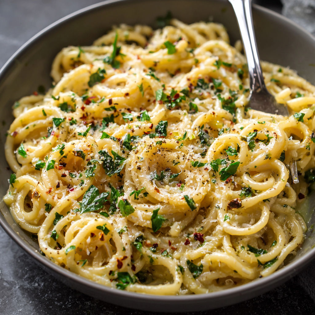 A bowl of pasta with cheese and herbs.