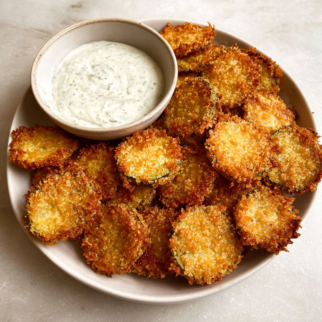 A bowl of fried pickles with a side of ranch dressing.