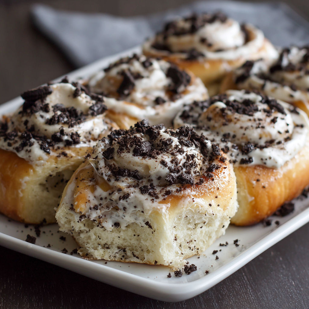 A plate of pastries with white icing and chocolate chips.