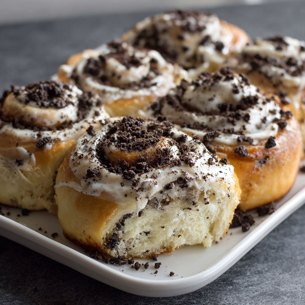 A plate of cinnamon rolls with chocolate chips.