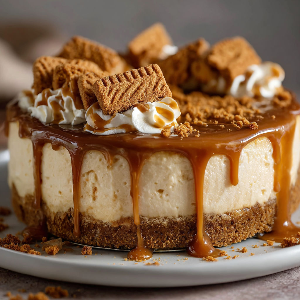 A slice of cheesecake with caramel drizzle.