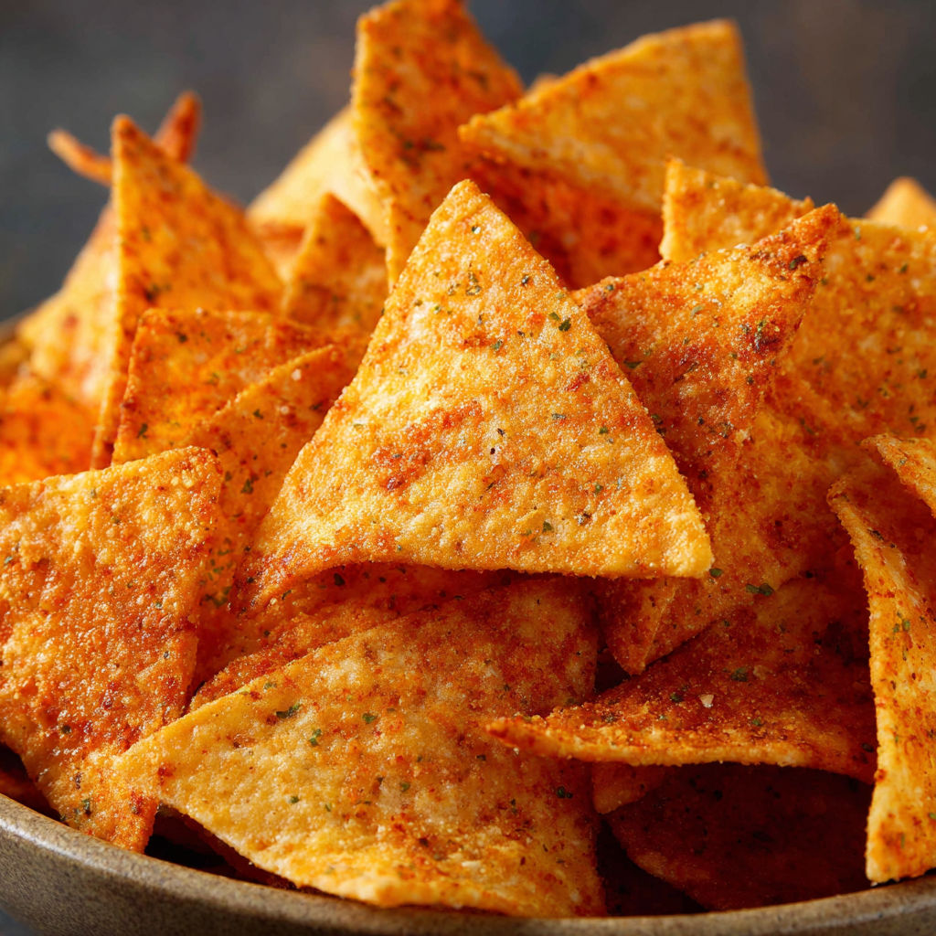 A bowl of chips with a spice on top.