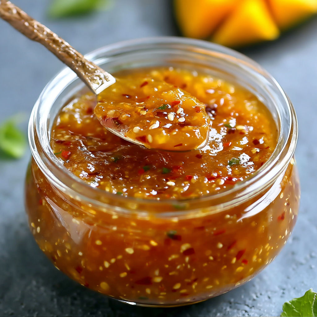 A jar of mango habanero honey garlic sauce.