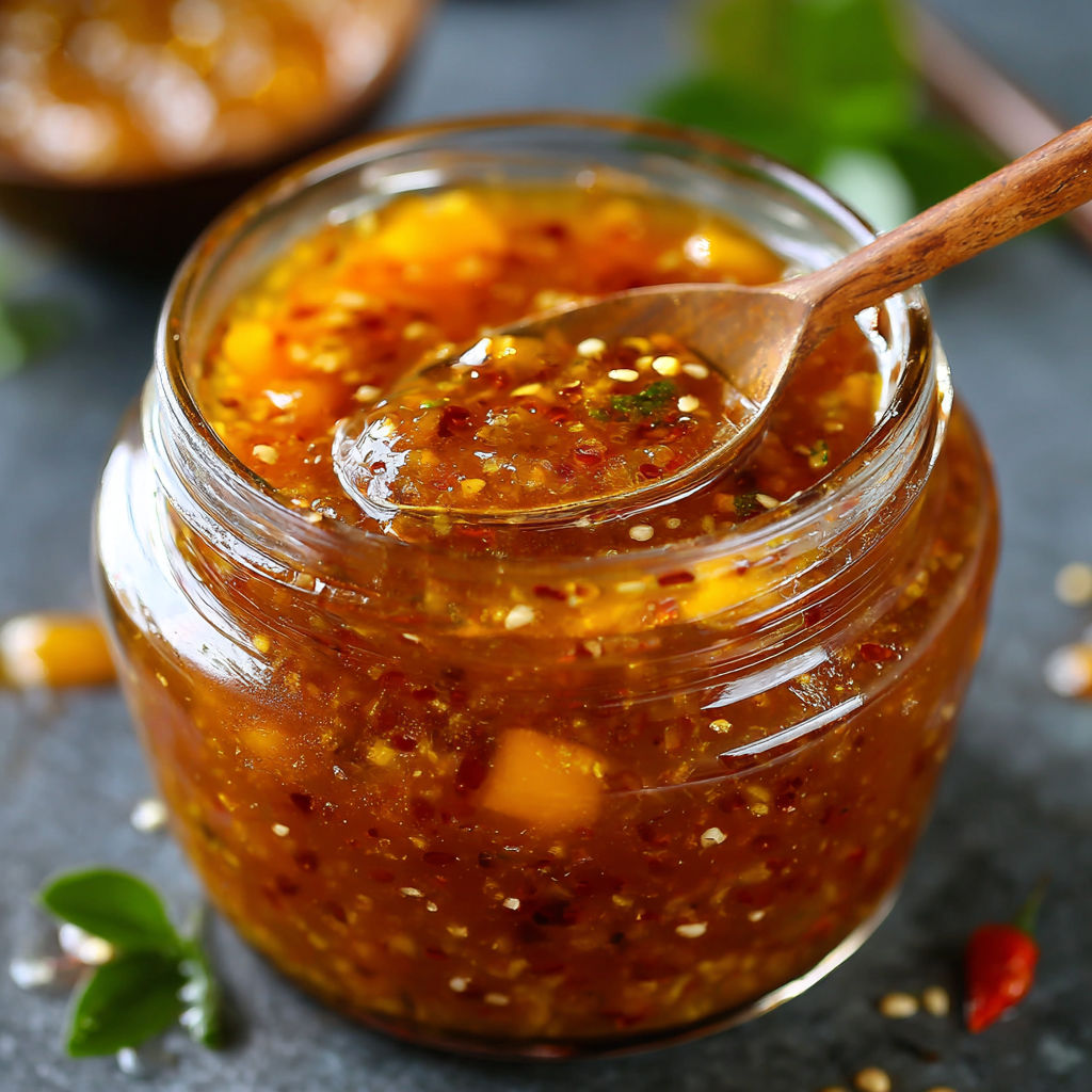 A jar of mango habanero honey garlic sauce.
