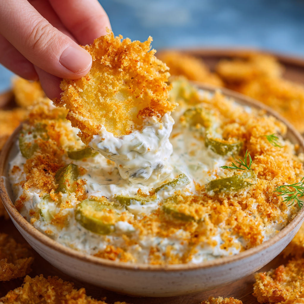 A hand is dipping into a bowl of hot and cheesy fried pickle dip.