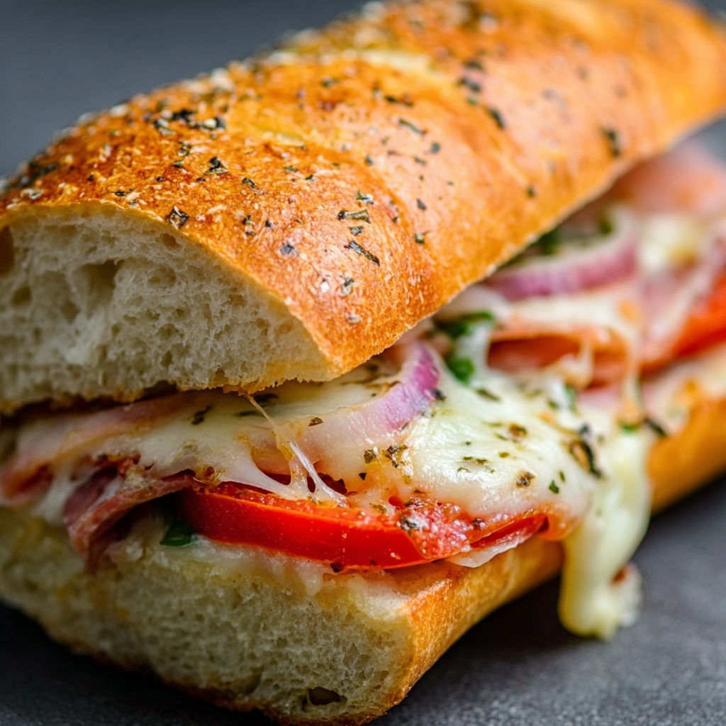 A baked Italian sub sandwich with tomatoes and cheese.