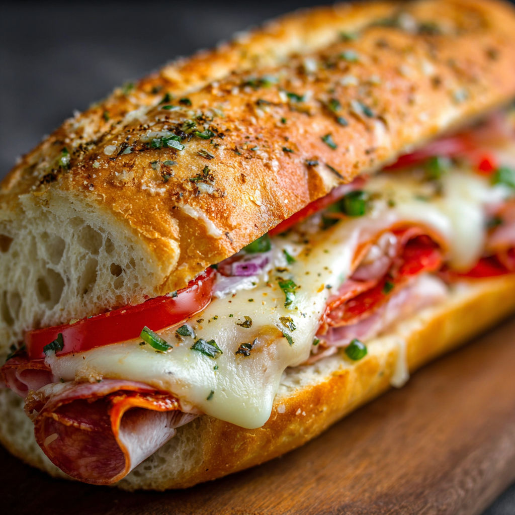 A sandwich with meat, cheese, and tomatoes.