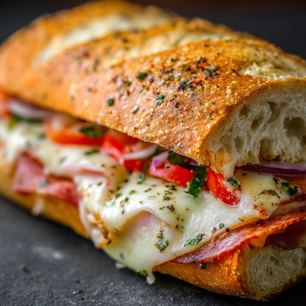 A sub sandwich with meat, cheese, tomatoes, and onions.