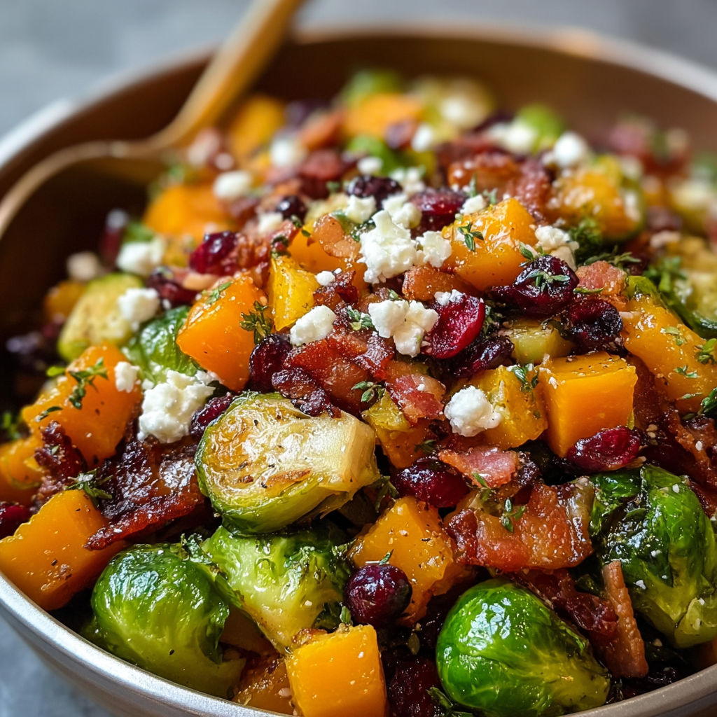 A bowl of food with bacon, butternut squash, and brussels sprouts.