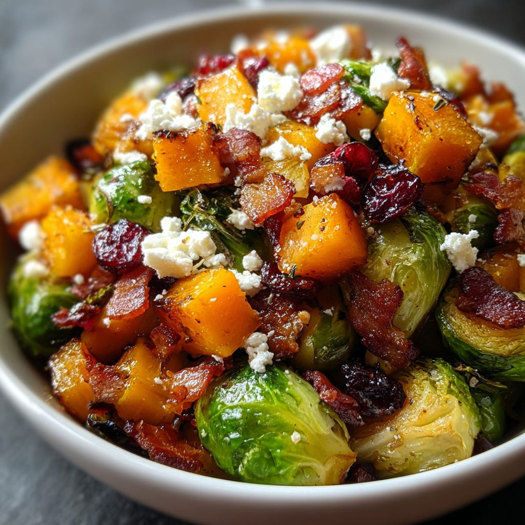 A bowl of food containing bacon, butternut squash, and brussels sprouts.