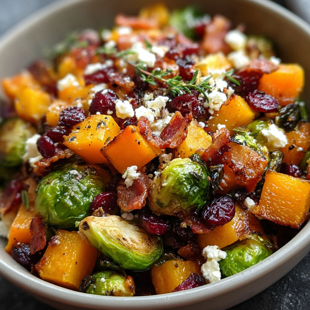 A bowl of food containing Brussels sprouts, butternut squash, and bacon.