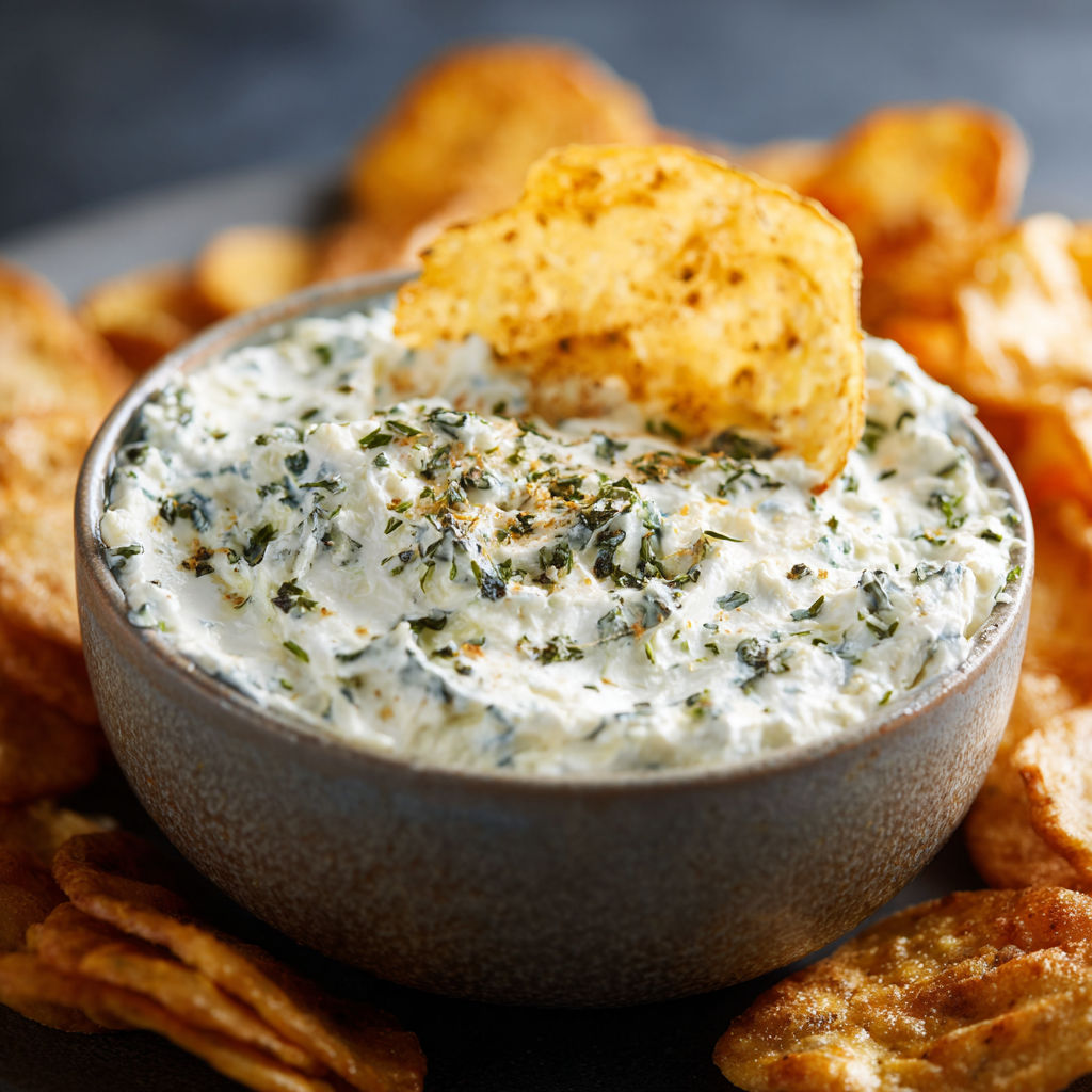 A bowl of blue cheese dip with a chip on top.