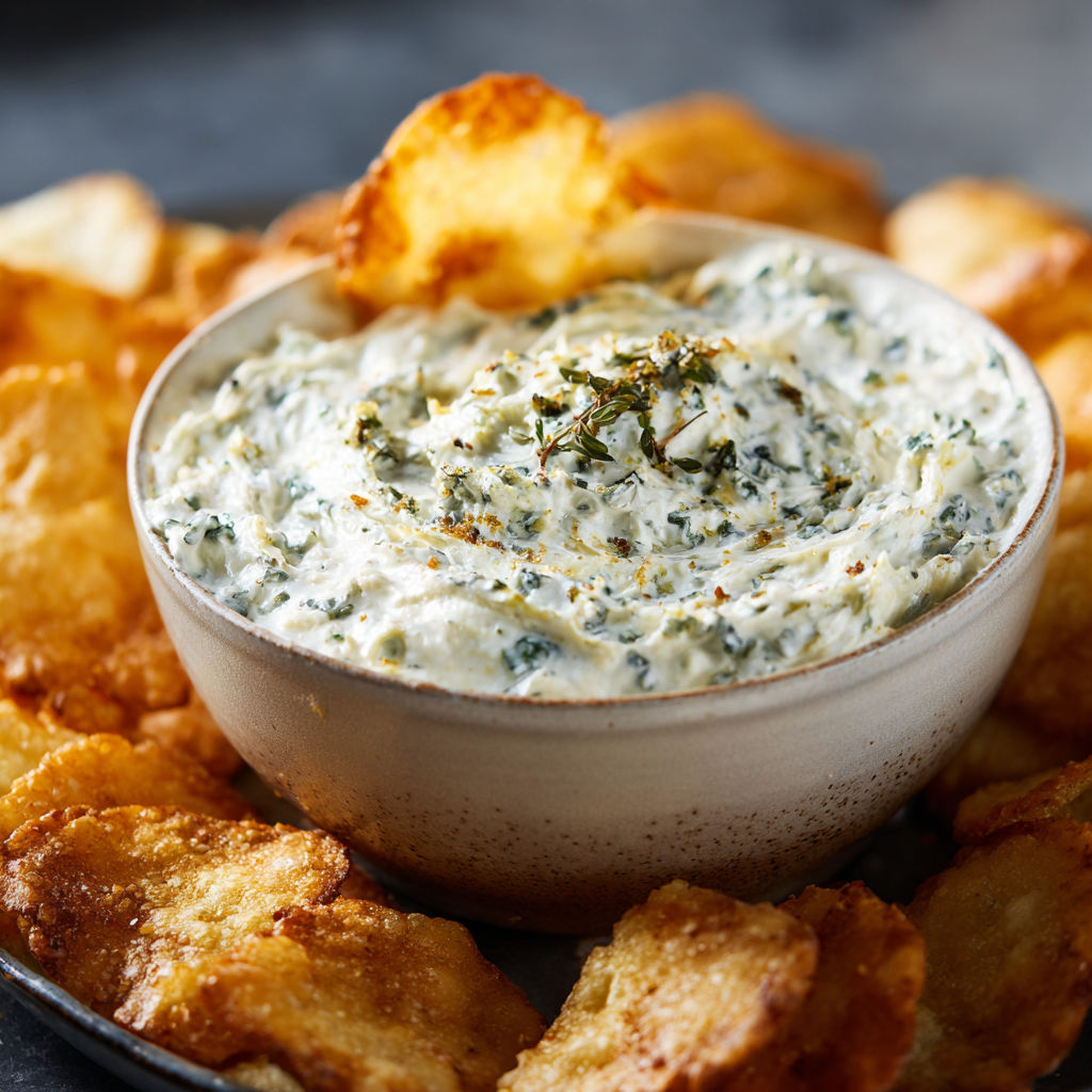 A bowl of dip with a spoon in it.