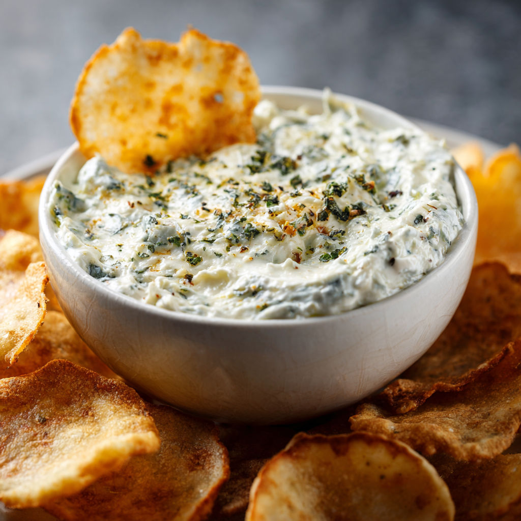 A bowl of dip with a spoon in it.