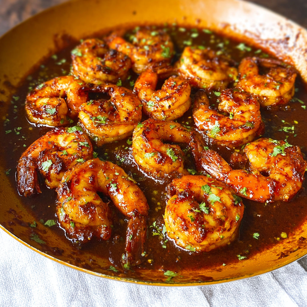 A plate of shrimp in a brown sauce.